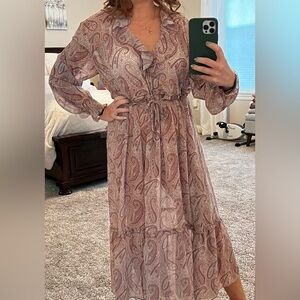 NWT Aritzia Wilfred Julia Sheer Midi Dress - Gold Carmel / Light Birch